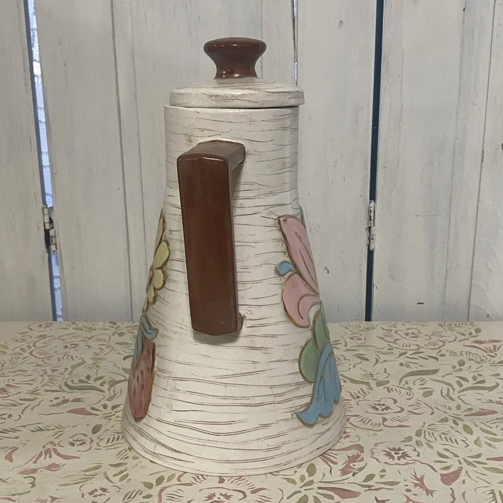 Beautiful Mid Century Artisan Signed Stoneware Pitcher w/Lid Faux Wood Grain